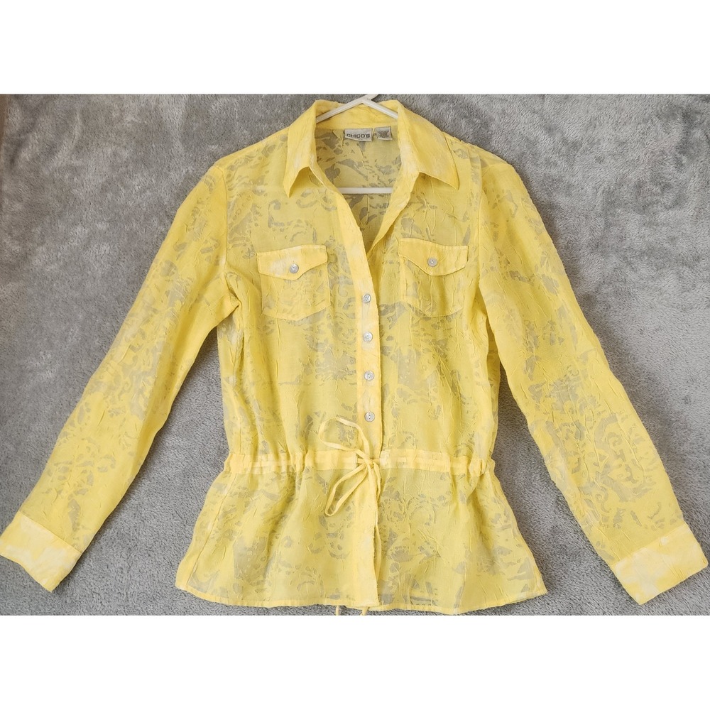 Chico's Shirt Womens 1 Yellow Burnout Floral Cinched Waist Pockets Button Down